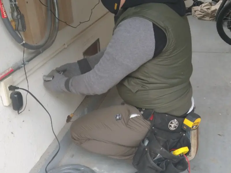 Electrician performing outlet wiring in a Port Hueneme garage